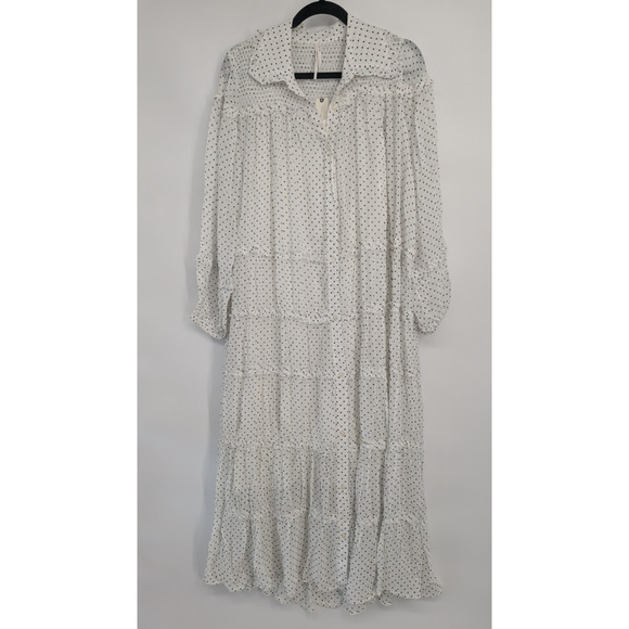 NWT By Anthropologie Long-Sleeve Smocked Tiered Maxi Dress Sz M Polka Dot #7H461 - Picture 2 of 10